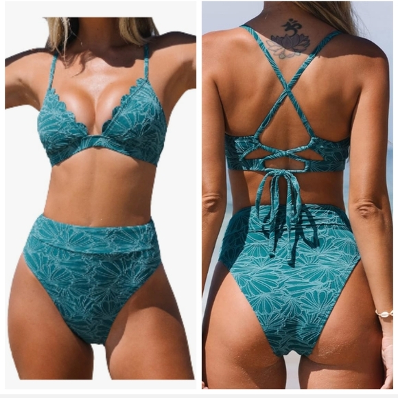 CUPSHE Bikini Set for Women Bathing Suit High Waisted Scalloped V Neck Two Piece - Picture 1 of 11
